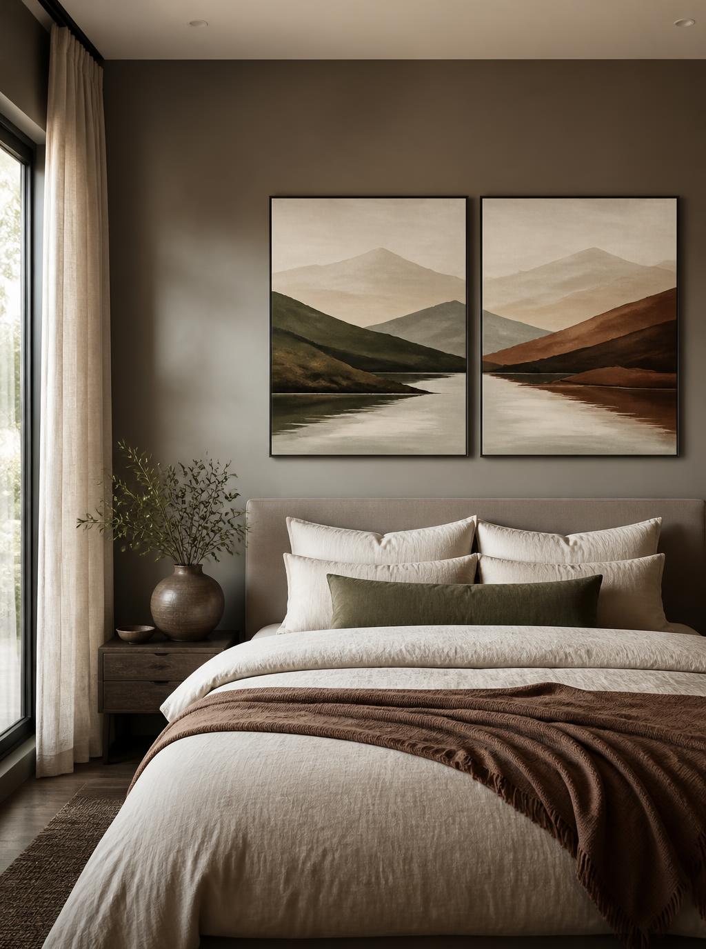 Custom artwork above a bed in a modern bedroom