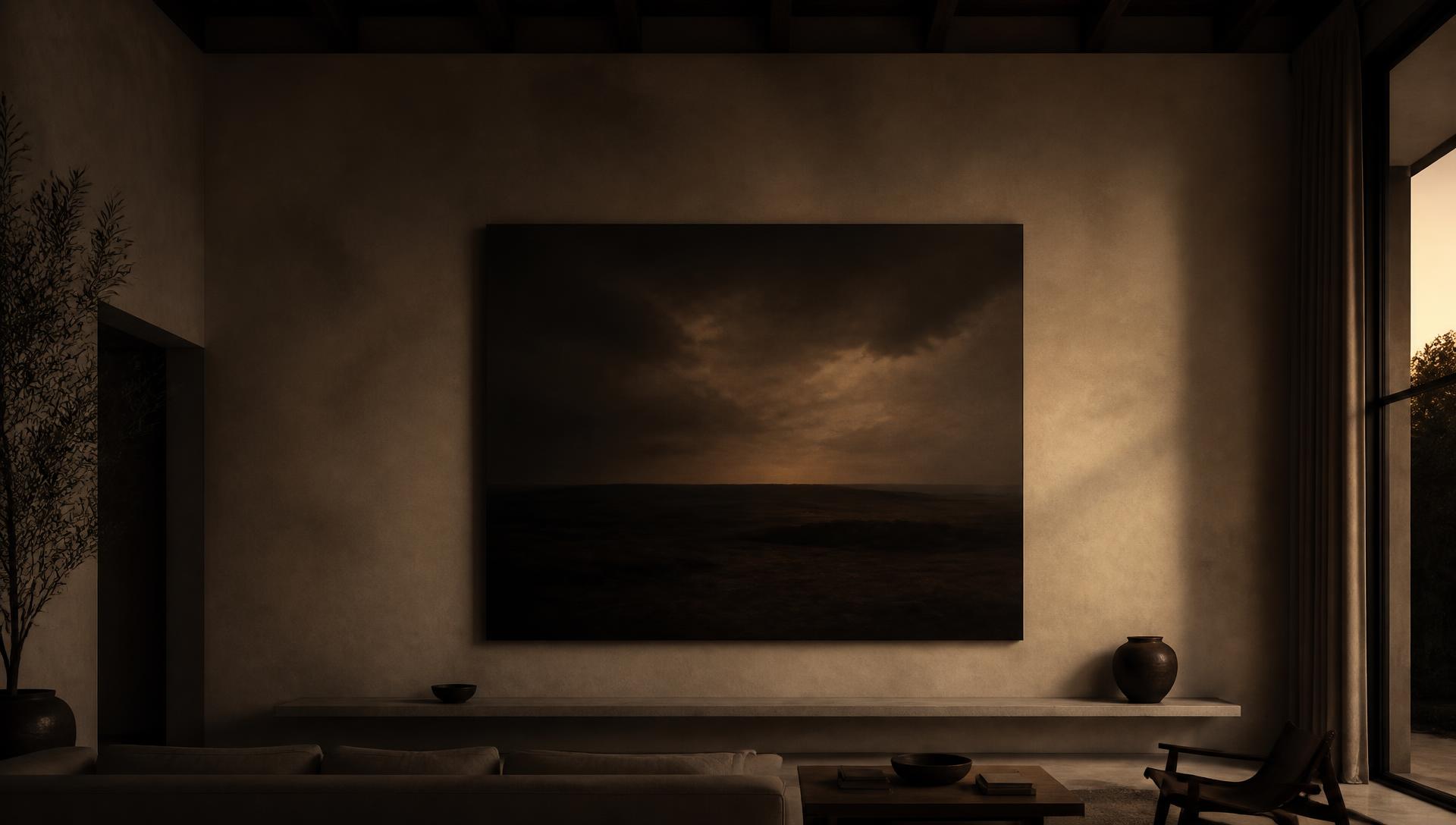 Oversized custom artwork on a large cream plaster wall in a dimly lit warm interior