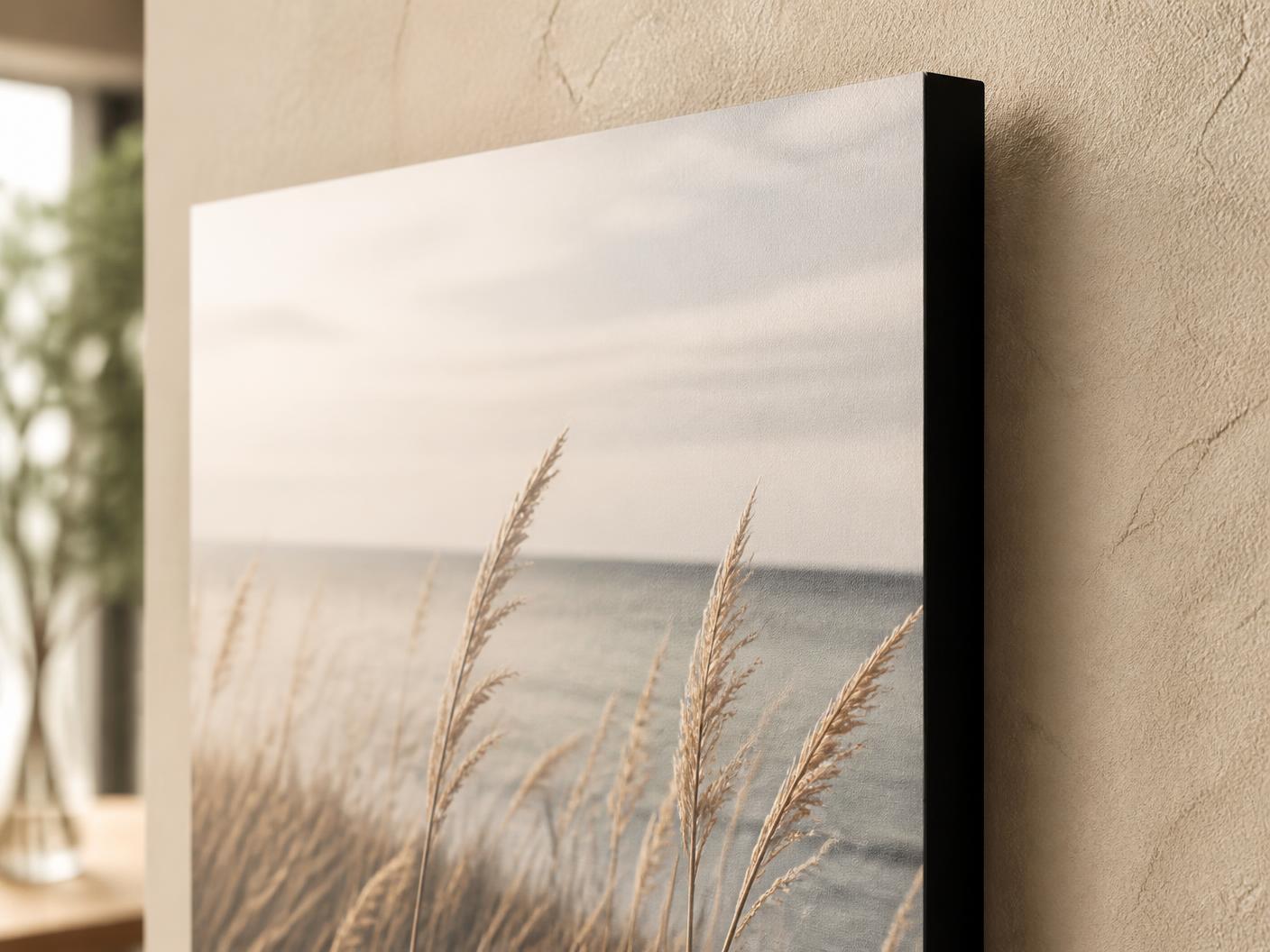 Three-quarter view of artwork mounted on MDF board with black lipping along the edges