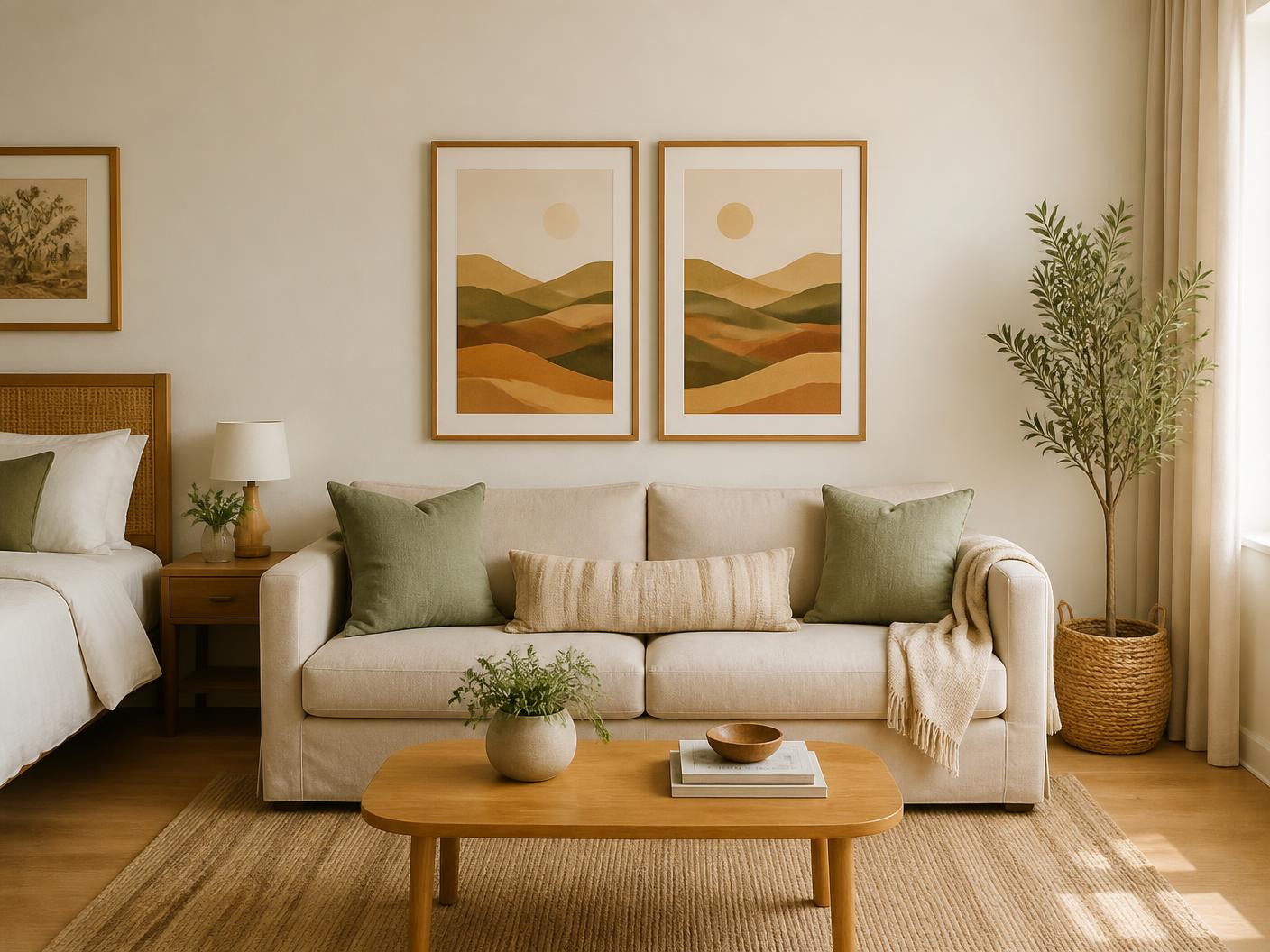 Two mounted artworks above a low linen sofa in an Airbnb studio apartment