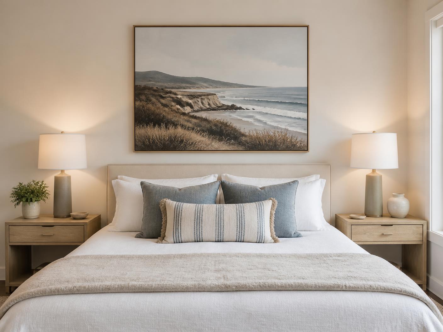 Single large mounted artwork above the headboard in a short-term rental bedroom