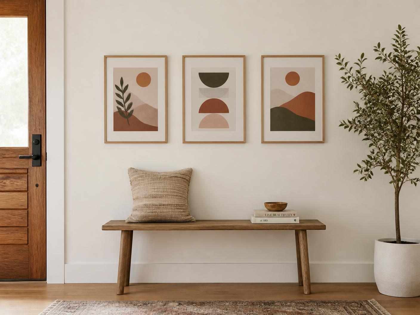 Trio of small mounted artworks on an entry hallway wall of an Airbnb