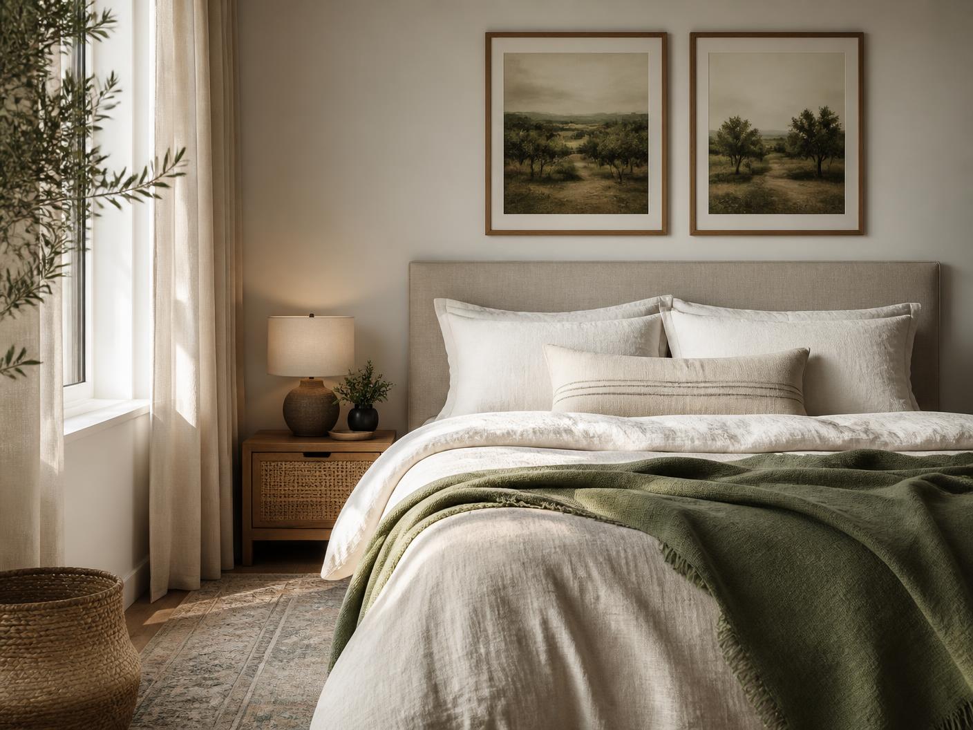Pair of custom mounted artworks above a linen bed in a Nairobi Airbnb bedroom
