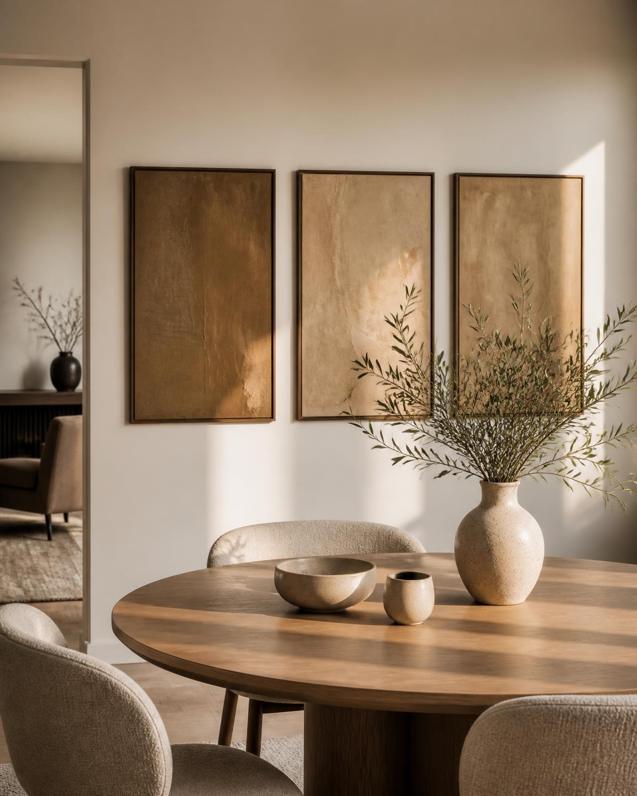 Custom artwork set styled in a modern residential dining space