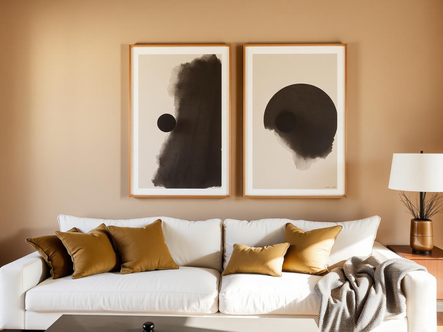 Pair of large mounted artworks above an ivory sofa in an apartment living room