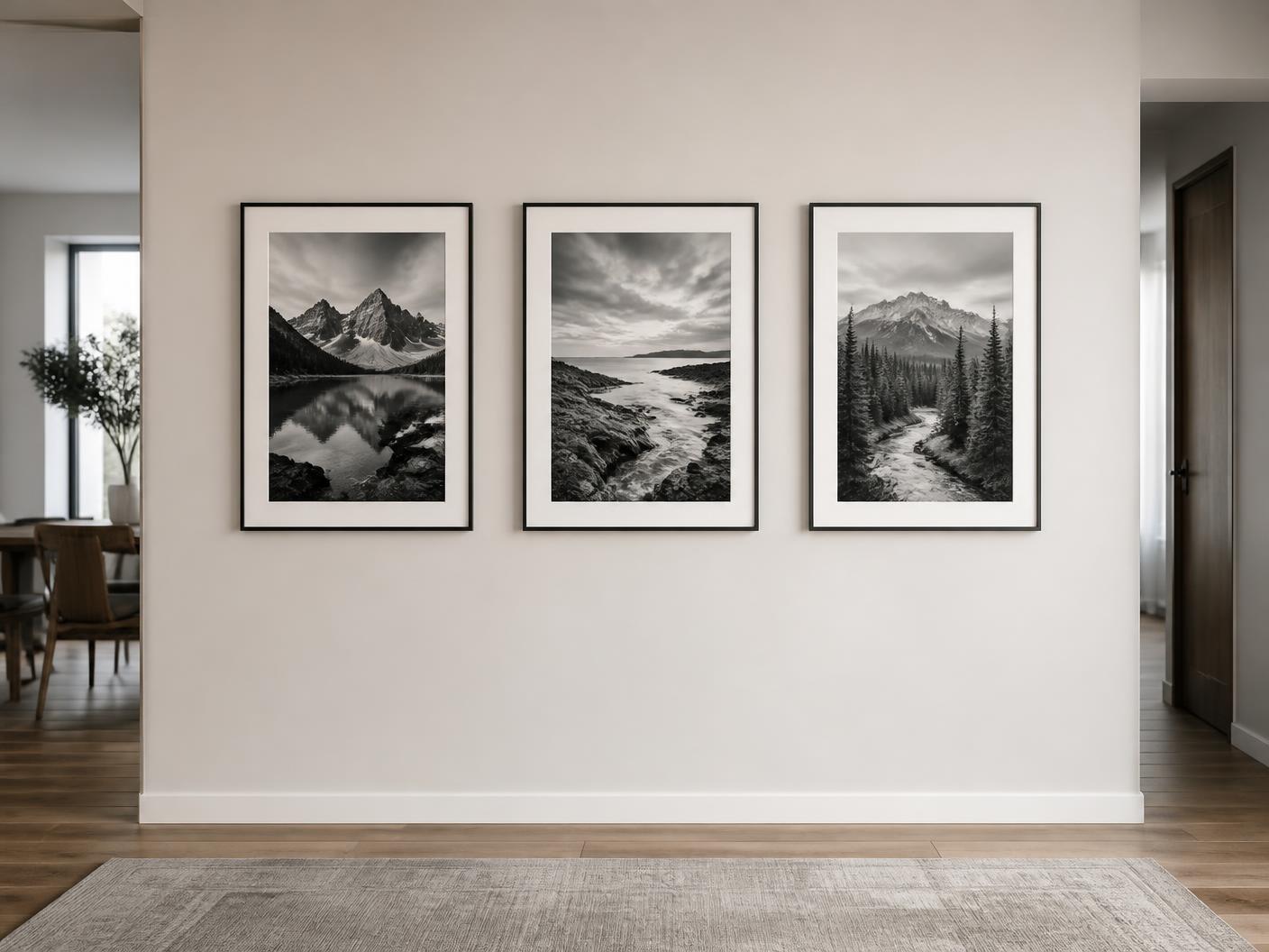 Mounted artworks arranged along an apartment stairwell wall