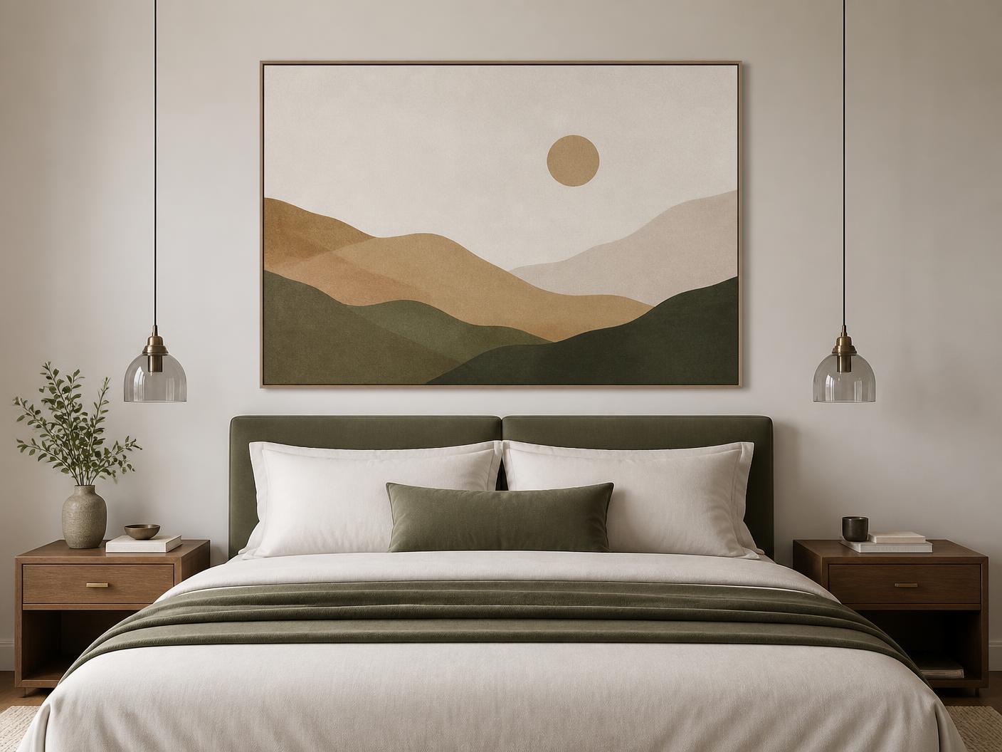 Oversized mounted artwork above the bed in a modern apartment bedroom