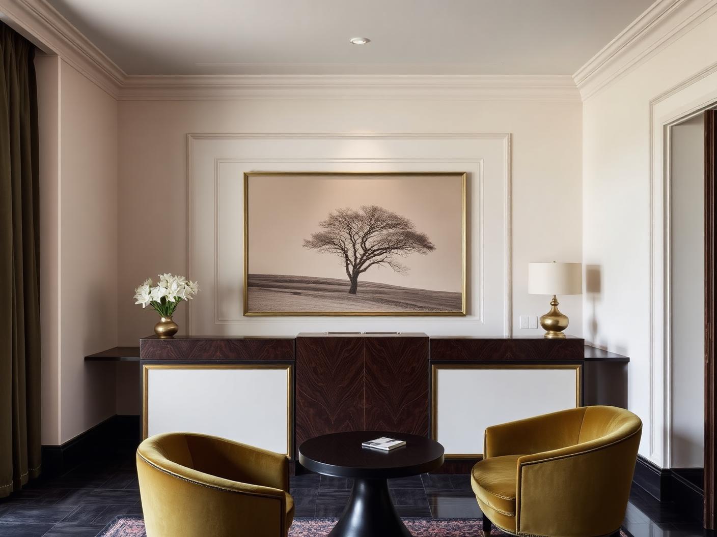 Large mounted artwork behind a boutique hotel reception desk