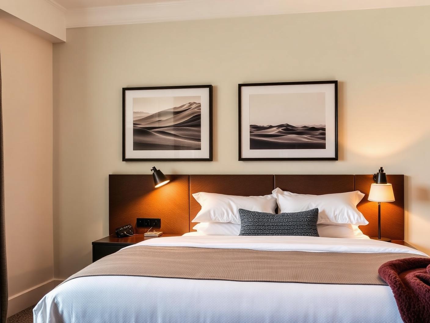 Two mounted artworks above the bed in a hotel guest room