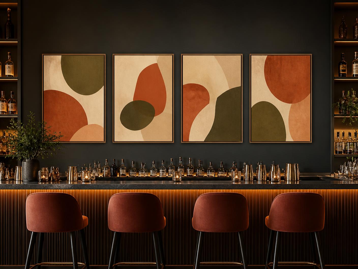 Series of mounted artworks along a hotel lounge bar wall