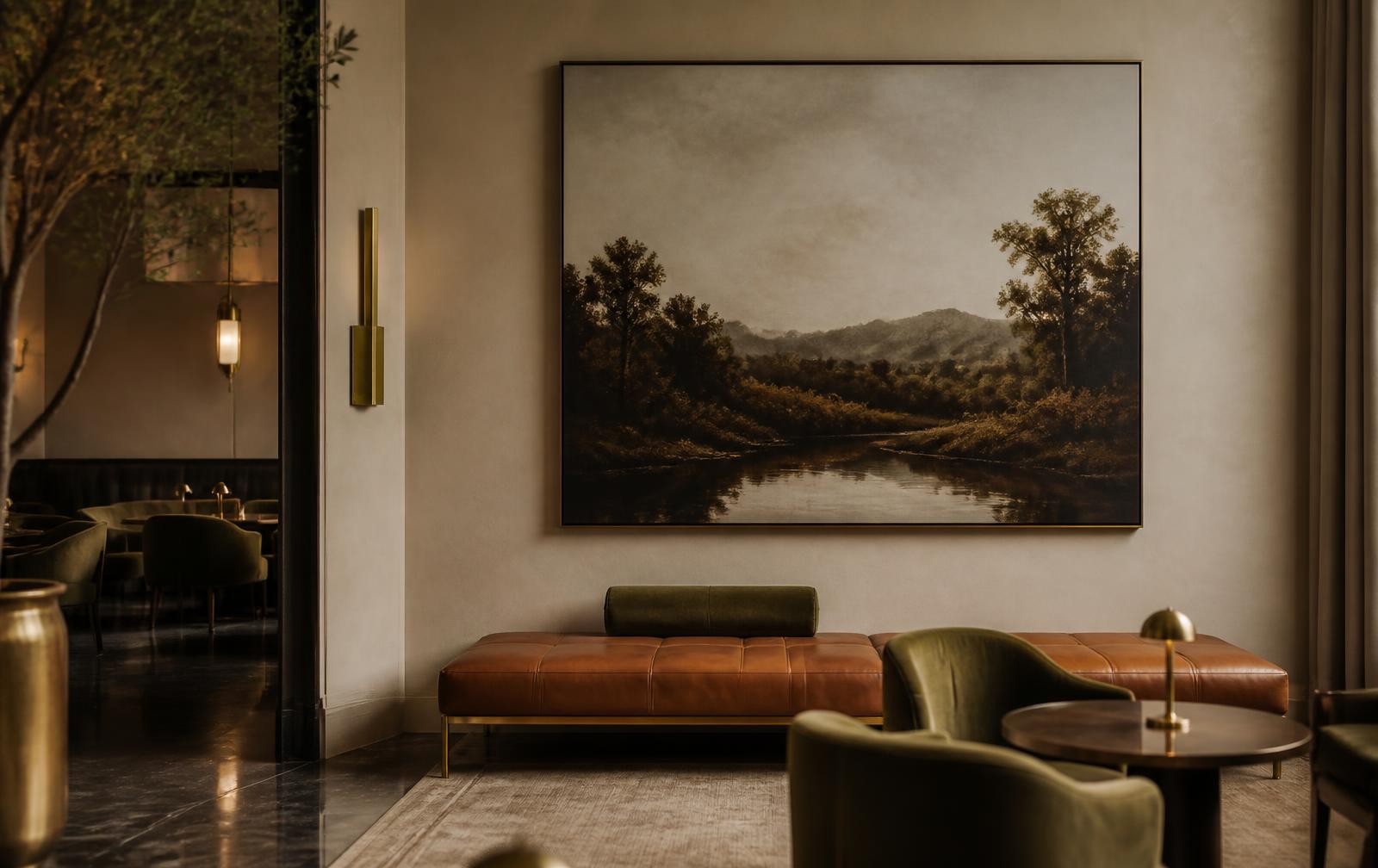 Oversized custom artwork above a leather bench in a boutique hotel lounge