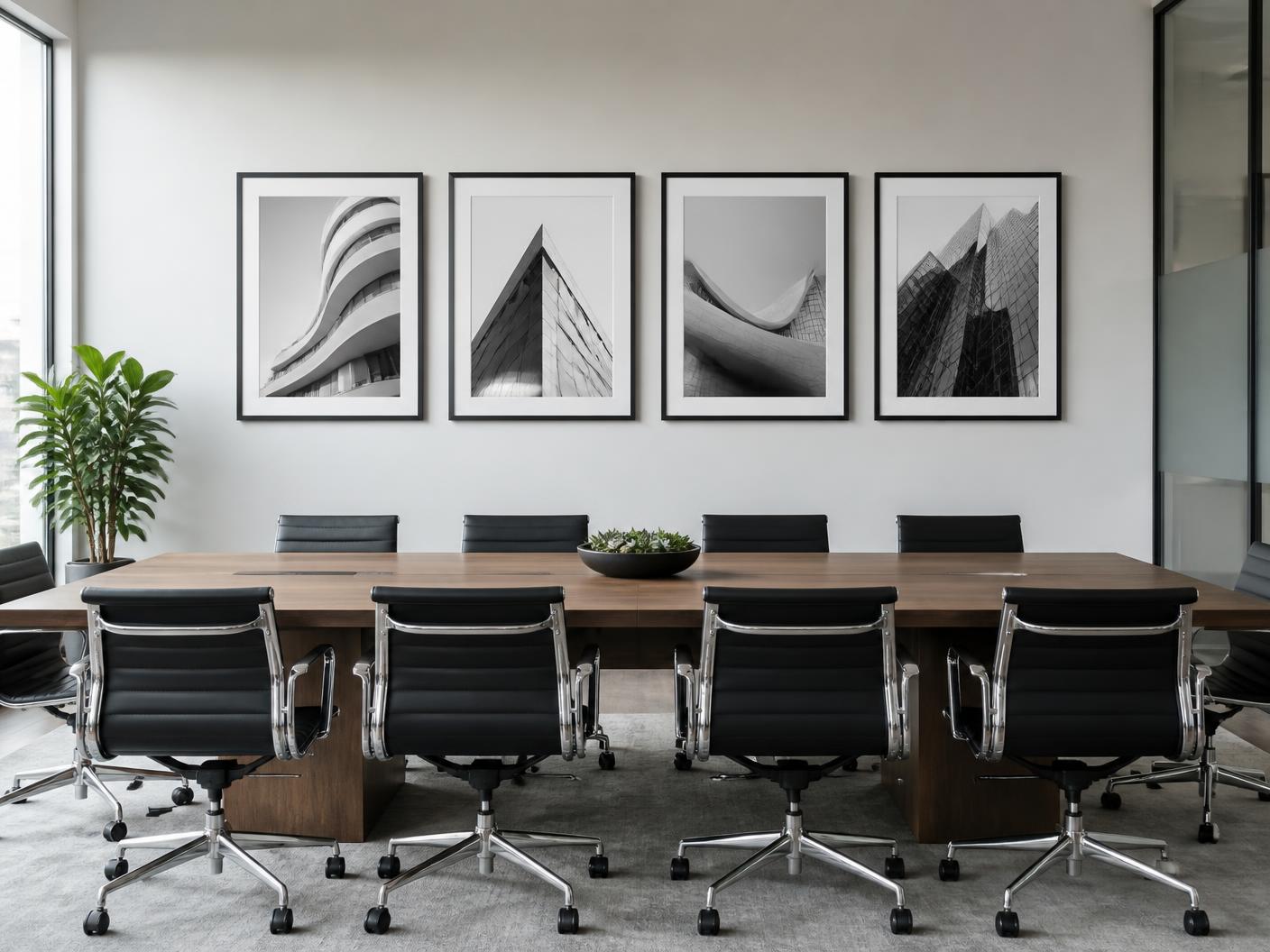 Set of mounted artworks on the wall of an office meeting room