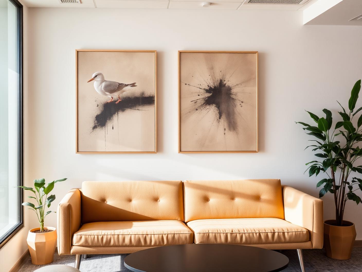Two large mounted artworks above a sofa in an office breakout lounge
