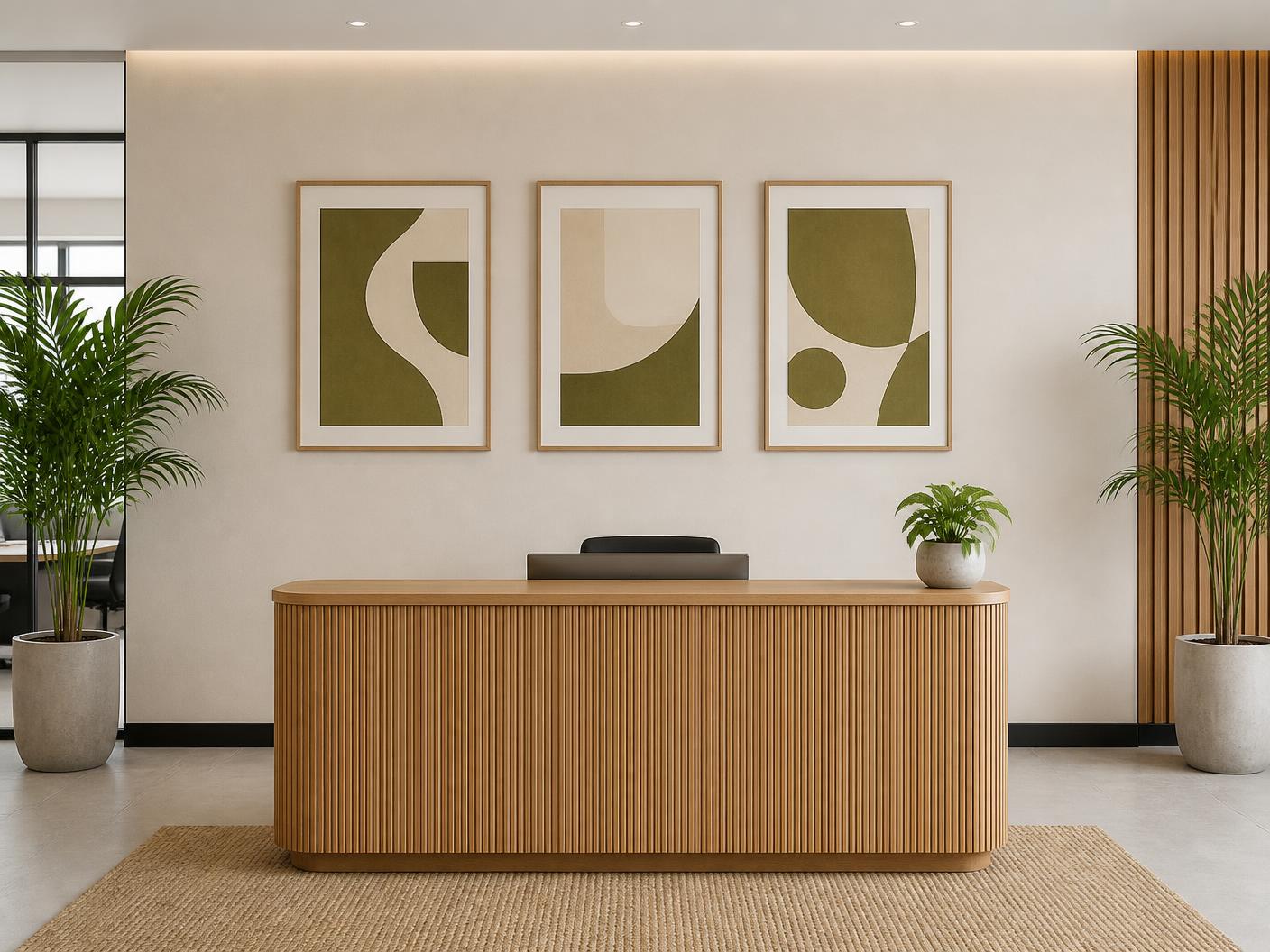 Three custom mounted artworks behind an oak reception desk in a Nairobi office