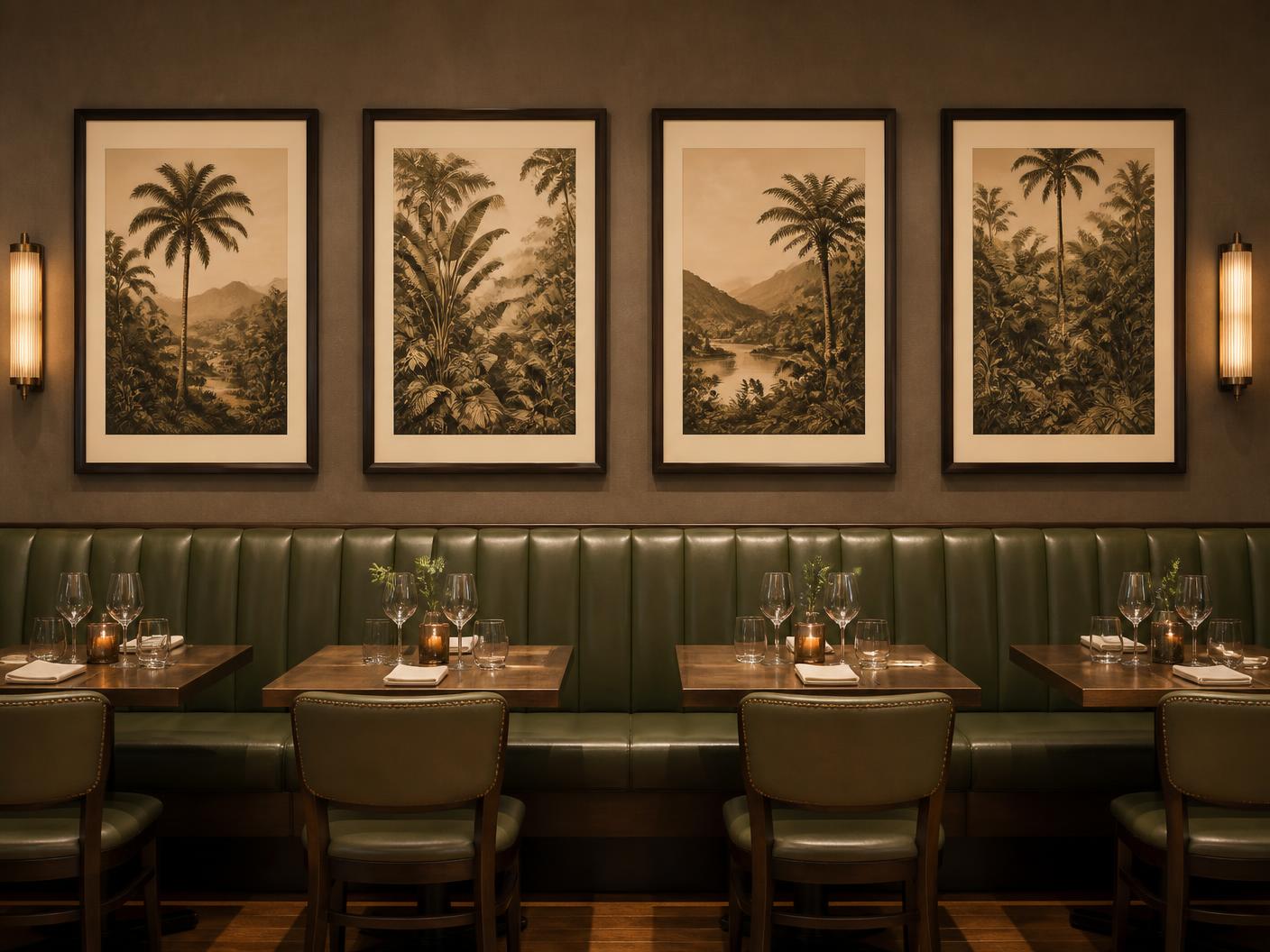 Row of mounted artworks along a restaurant banquette wall