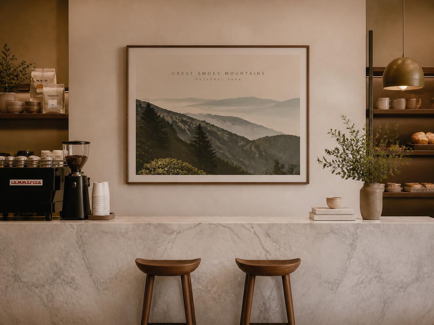 Large custom mounted artwork above a marble cafe counter