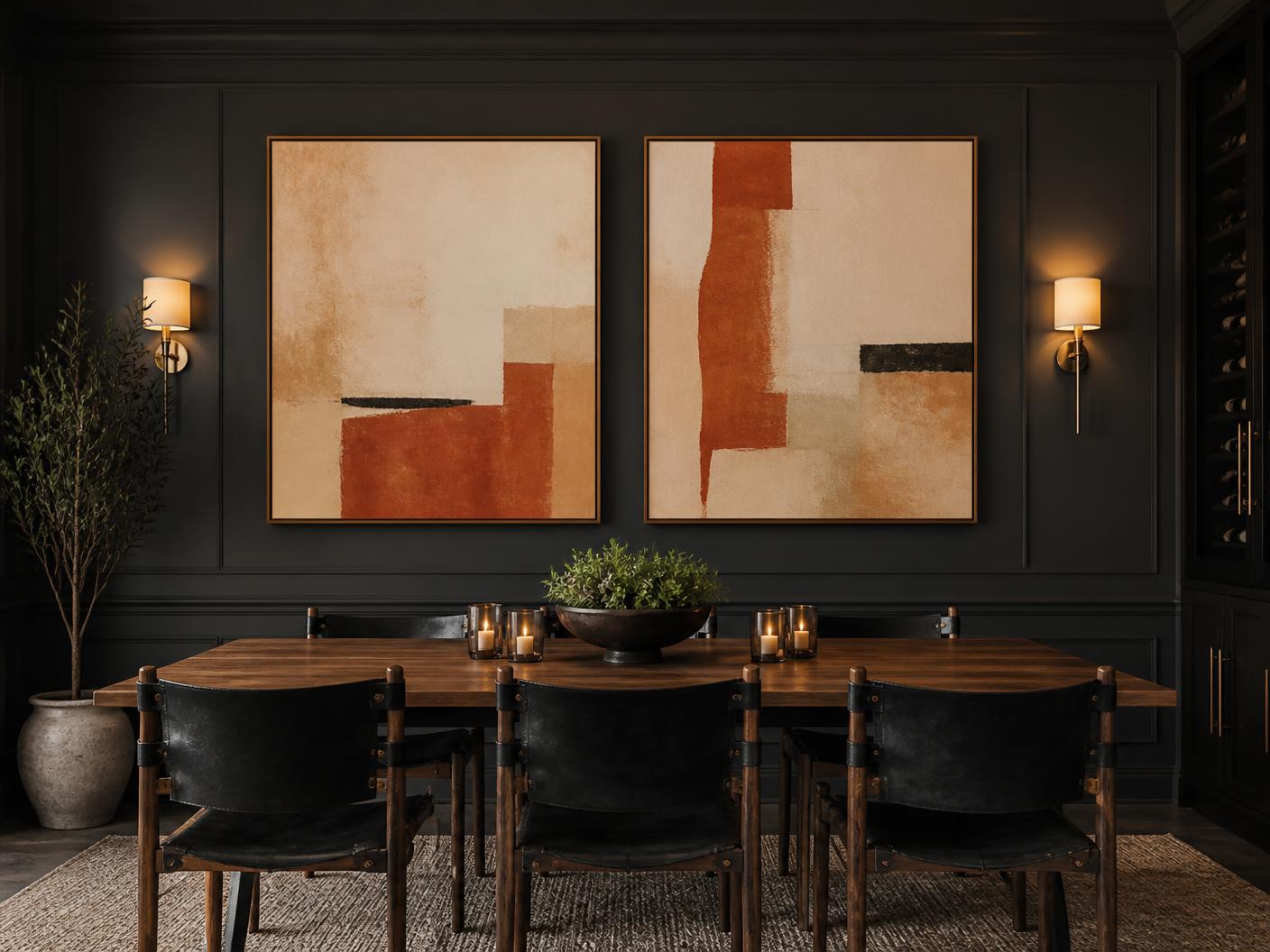 Two-panel mounted artwork set on a charcoal private dining room wall