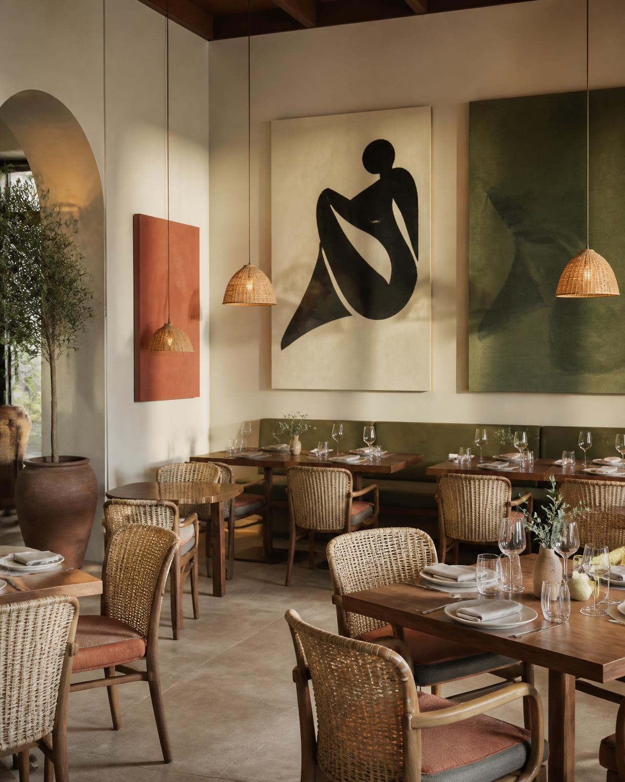 Large mounted artwork panels on the walls of a warm contemporary Nairobi restaurant