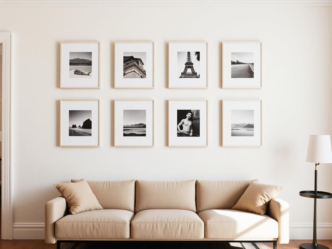 Symmetrical grid gallery wall of small mounted artworks above a sand sofa