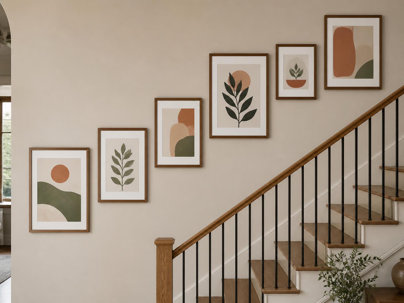 Mixed-size gallery wall climbing a staircase