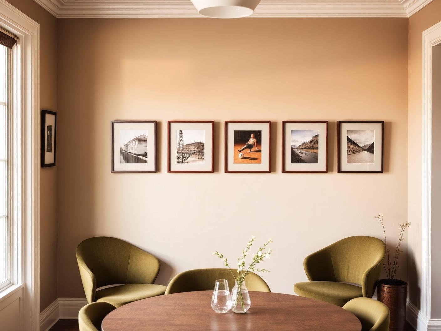 Six mounted artworks in two rows above a dining nook