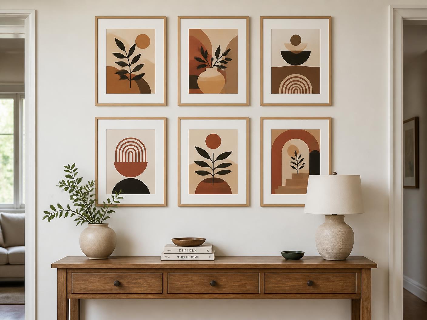 Gallery wall of six small mounted artworks along a hallway console