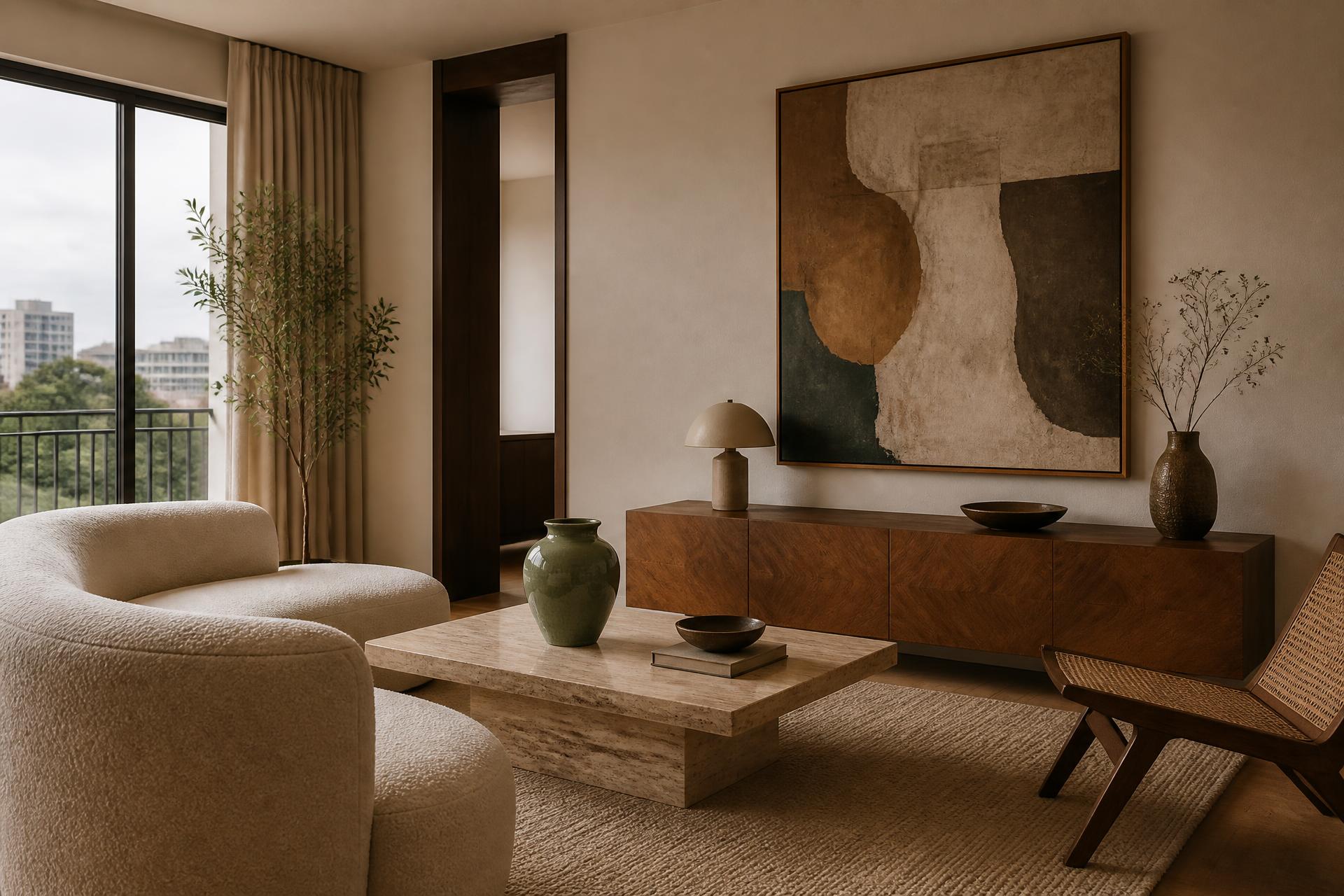 Custom framed wall artwork mounted above a wood sideboard in a warm, minimal Nairobi living room